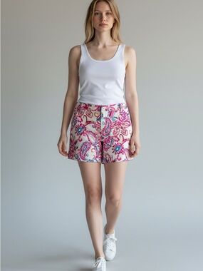 Lilly Pulitzer shorts feature a vibrant pink paisley print